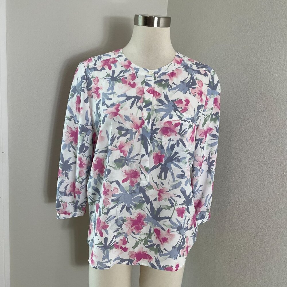 NYDJ Womens Medium‎ Petite Floral 3/4 Sleeve Blouse Pleated Back Shirt Top